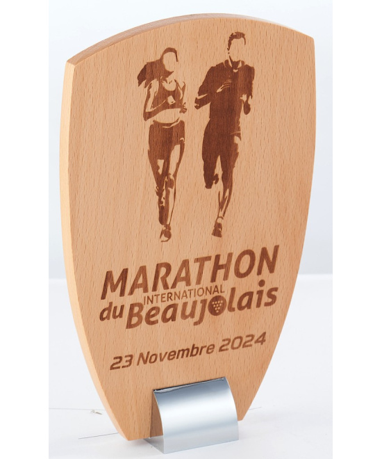 TROPHEE EN BOIS FSC AVEC SUPPORT METAL - GRAVURE LASER COMPRISE - 18 CM - REF TB11B - PROMO-TROPHEE