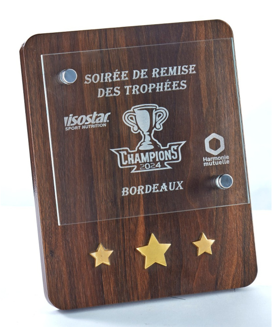 Trophée en Bois & Verre 23 cm | Gravure Laser + Écrin Inclus