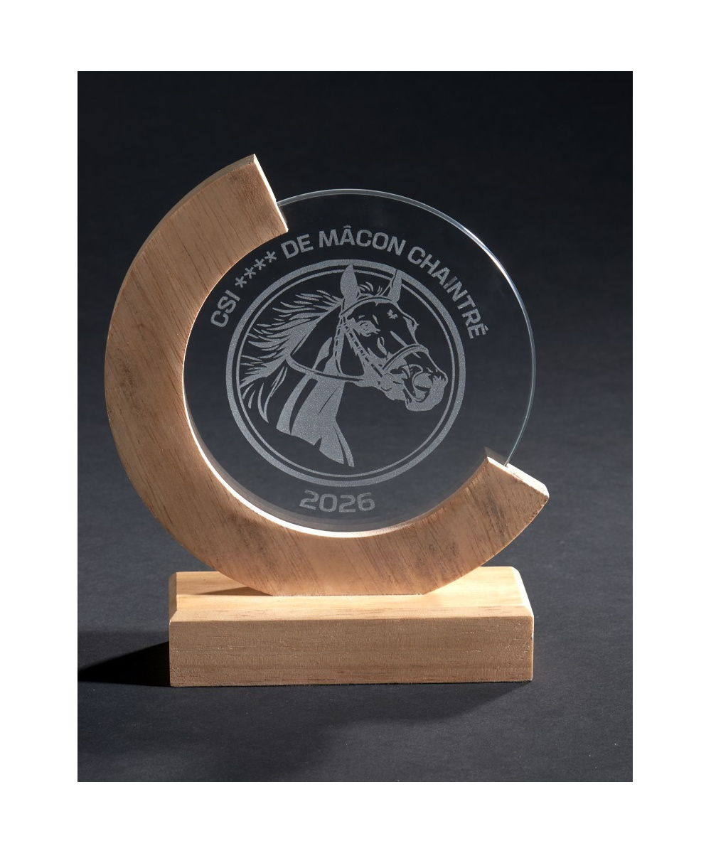 TROPHEE ROND EN VERRE AVEC SOCLE EN BOIS - 20,5 CM - COFFRET COMPRIS - Promo Trophée