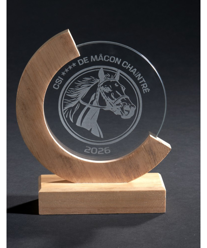 TROPHEE ROND EN VERRE AVEC SOCLE EN BOIS - 20,5 CM - COFFRET COMPRIS - Promo Trophée