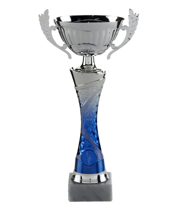 COUPE GAMME PRESTIGE - ARGENT ET BLEU - AVEC ANSE ET BOL METAL - Promo Trophée