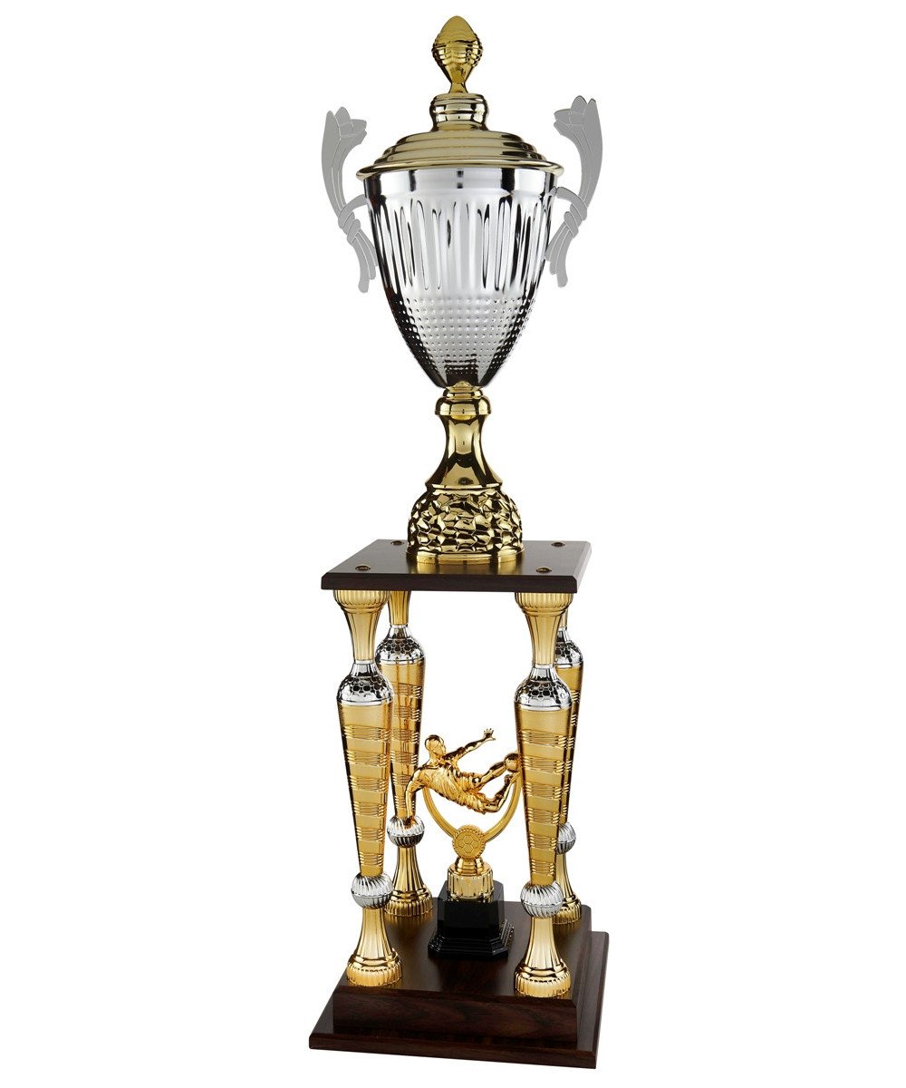 TROPHEE GEANT 4 COLONNES FOOTBALL ARGENT OR ET BOIS - 94 CM - REF TC30 - PROMO-TROPHEE
