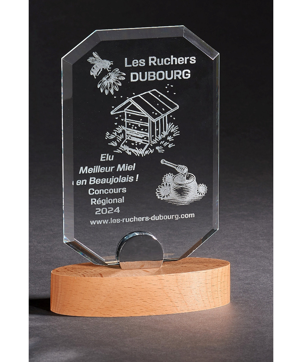 TROPHEE VERRE AVEC SOCLE EN BOIS - 21,5 CM - COFFRET COMPRIS - Promo Trophée