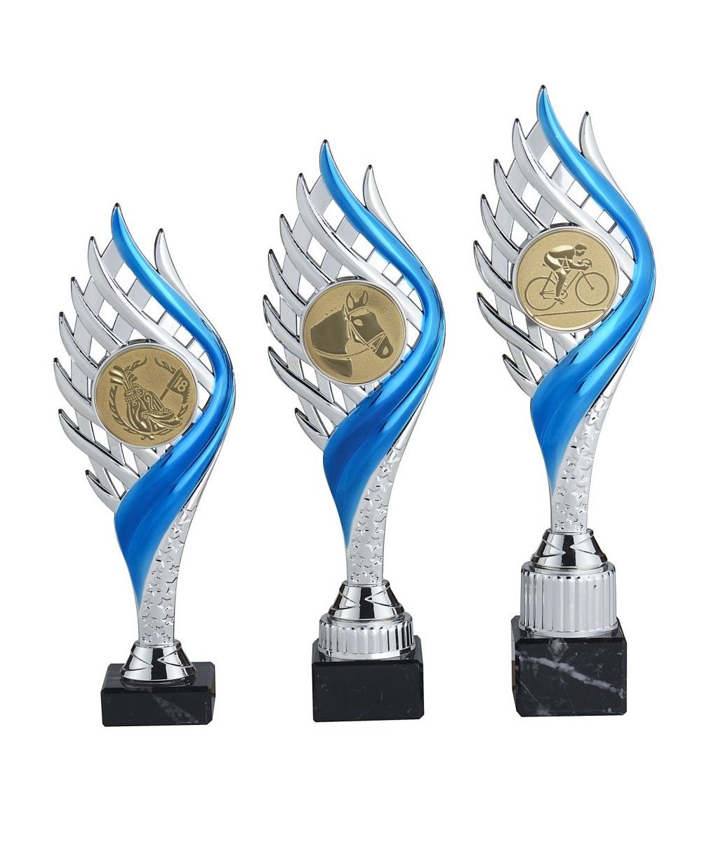 Trophée abs personnalisable multisports argent et bleu - socle en marbre noir - Promo Trophée