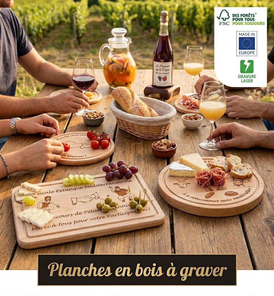Planche ap&eacute;ro en bois &agrave; graver - Promo Troph&eacute;e